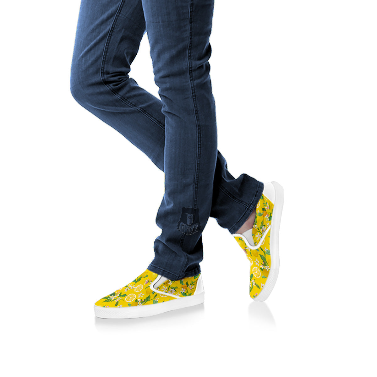 Lemon Yellow Topic Fruits Print Pattern White Slip On Shoes-grizzshop