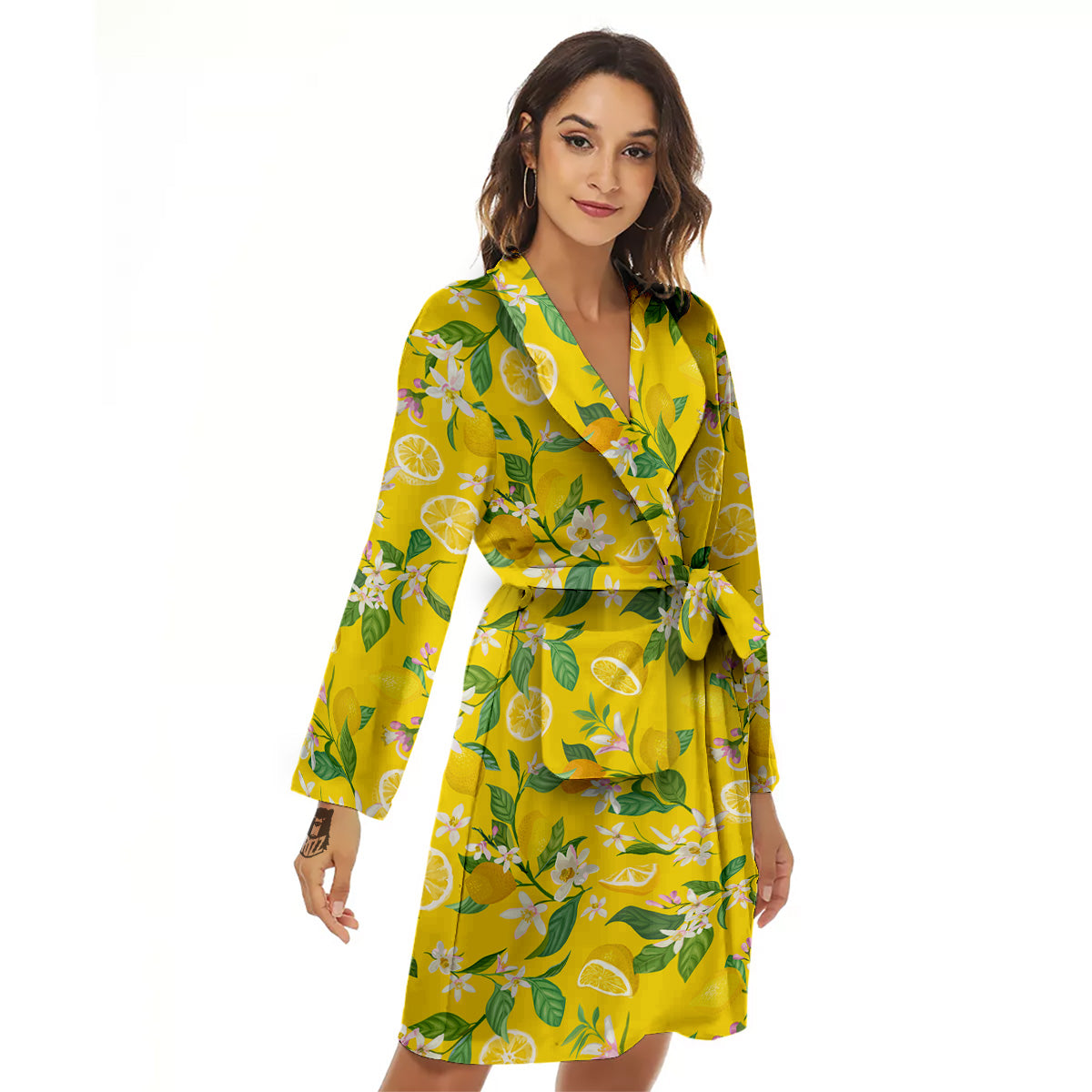 Lemon Yellow Topic Fruits Print Pattern Women's Robe-grizzshop