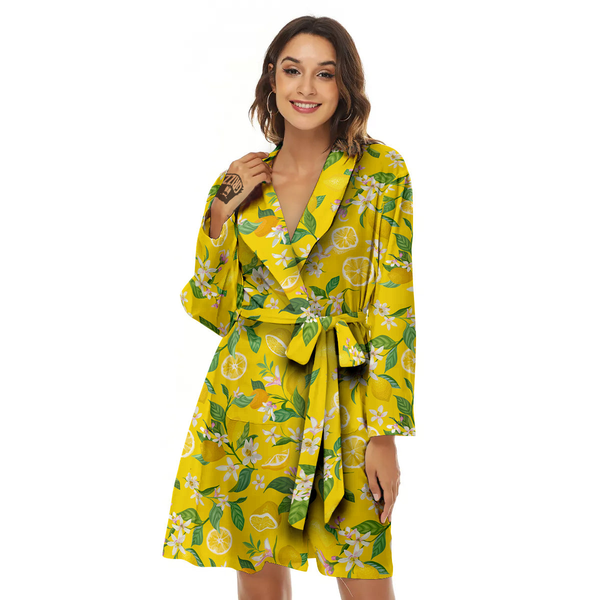 Lemon Yellow Topic Fruits Print Pattern Women's Robe-grizzshop