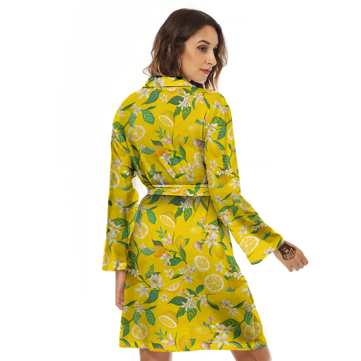 Lemon Yellow Topic Fruits Print Pattern Women's Robe-grizzshop