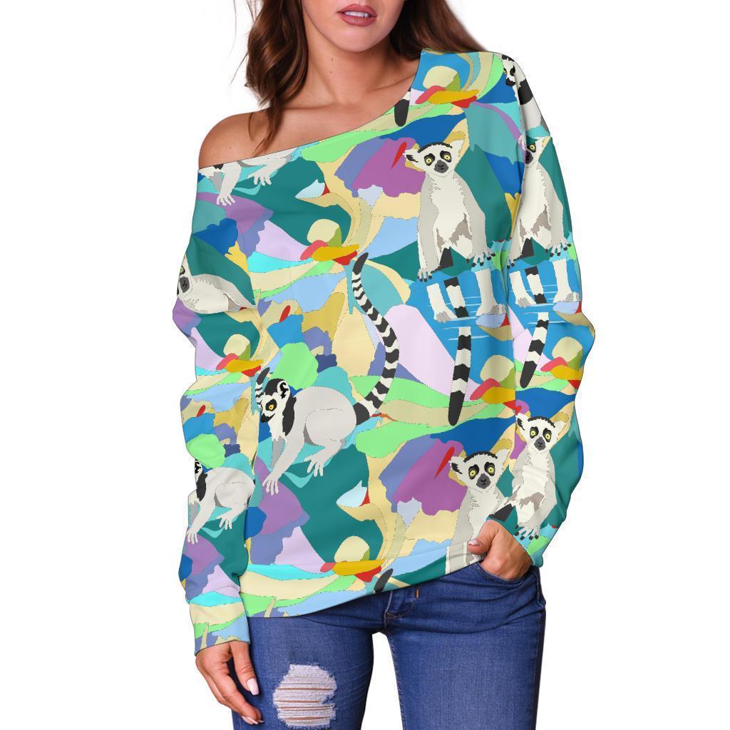 Lemur Colorful Pattern Print Women Off Shoulder Sweatshirt-grizzshop