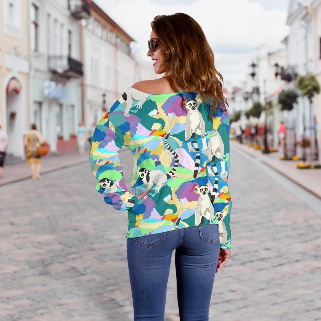 Lemur Colorful Pattern Print Women Off Shoulder Sweatshirt-grizzshop