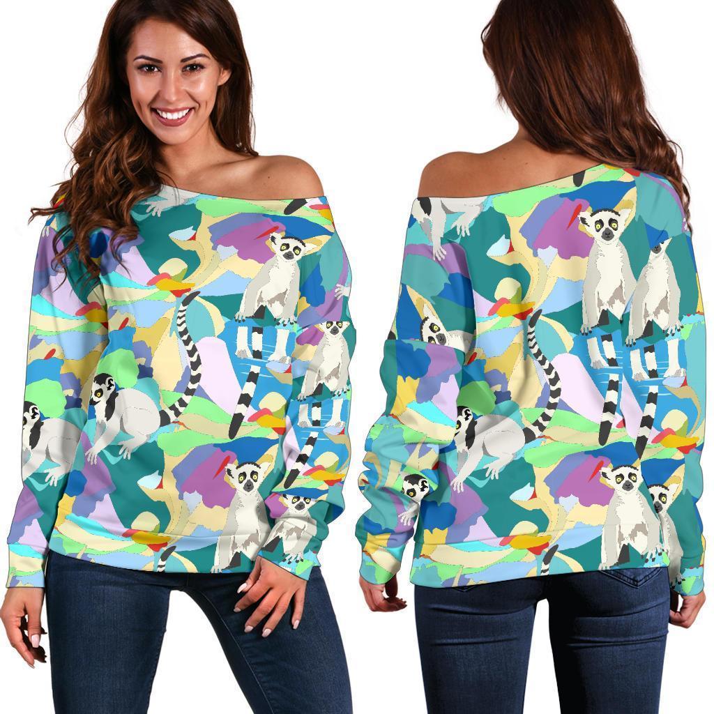 Lemur Colorful Pattern Print Women Off Shoulder Sweatshirt-grizzshop