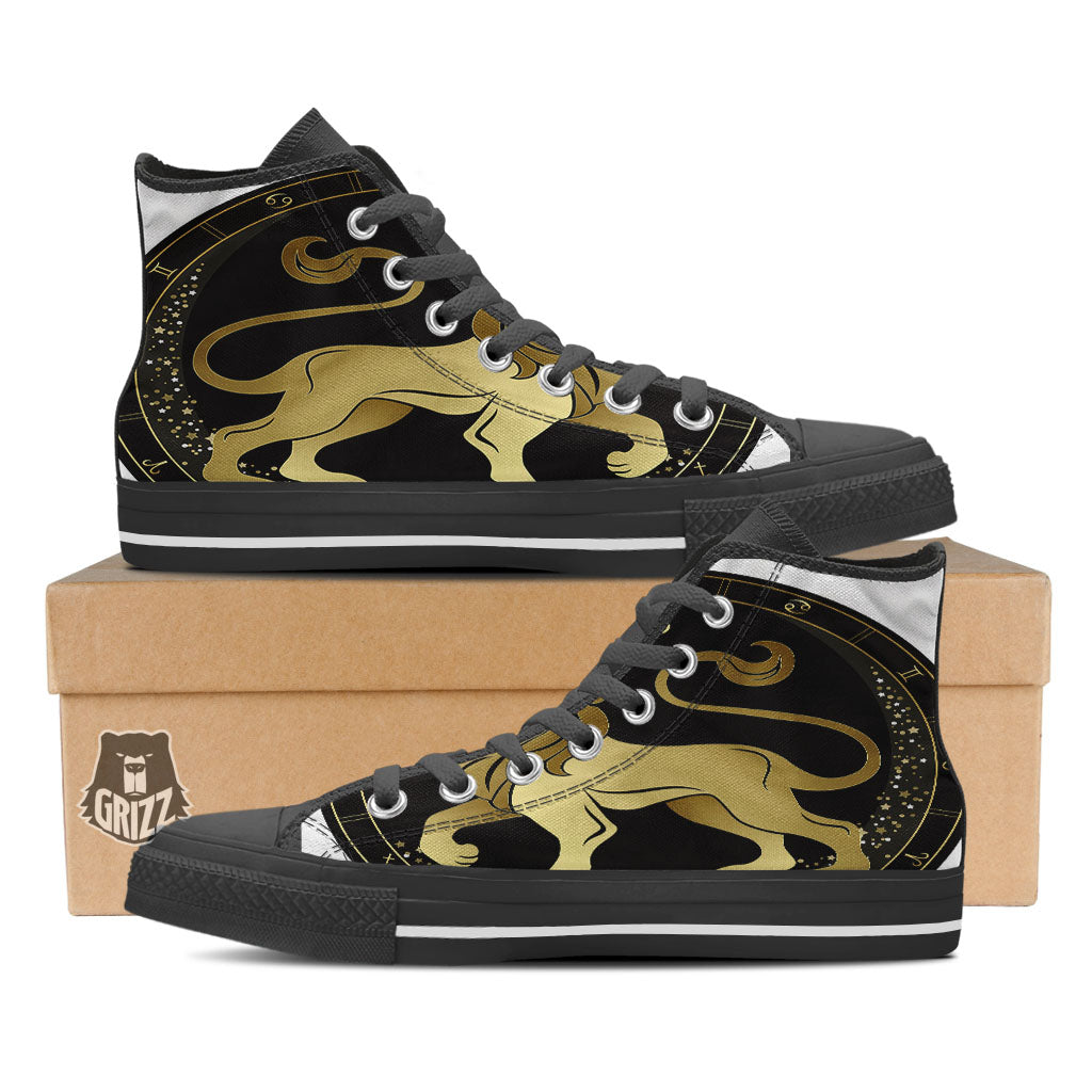 Leo Sign Black And Gold Print Black High Top Shoes-grizzshop