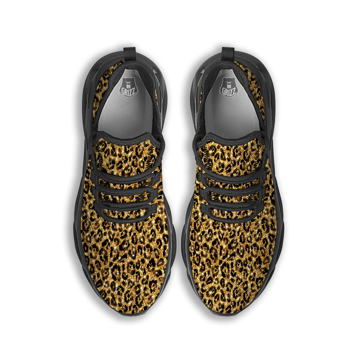 Leopard Glitter Gold Print Black Running Shoes-grizzshop