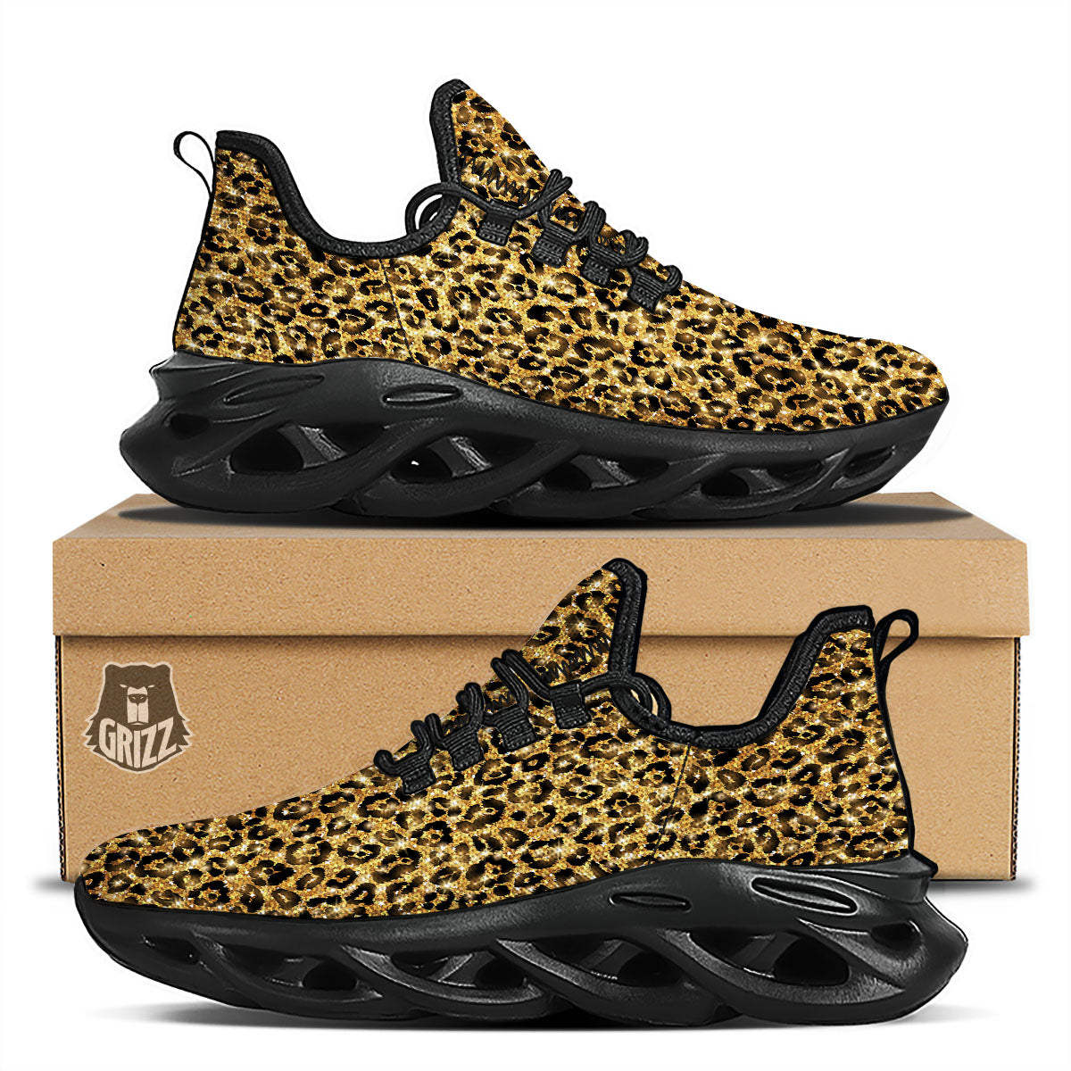 Leopard Glitter Gold Print Black Running Shoes-grizzshop