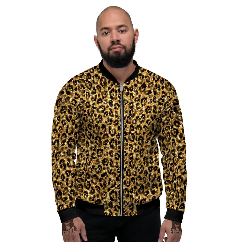 Leopard Glitter Gold Print Men's Bomber Jacket-grizzshop