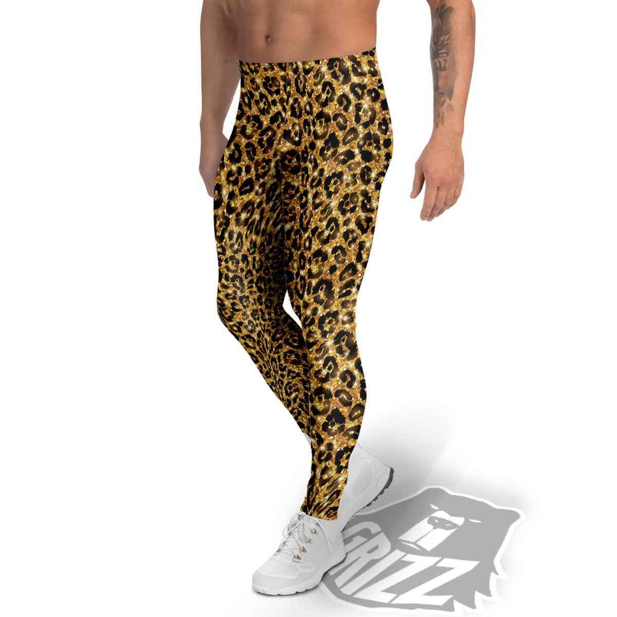 Leopard Glitter Gold Print Men's Leggings-grizzshop