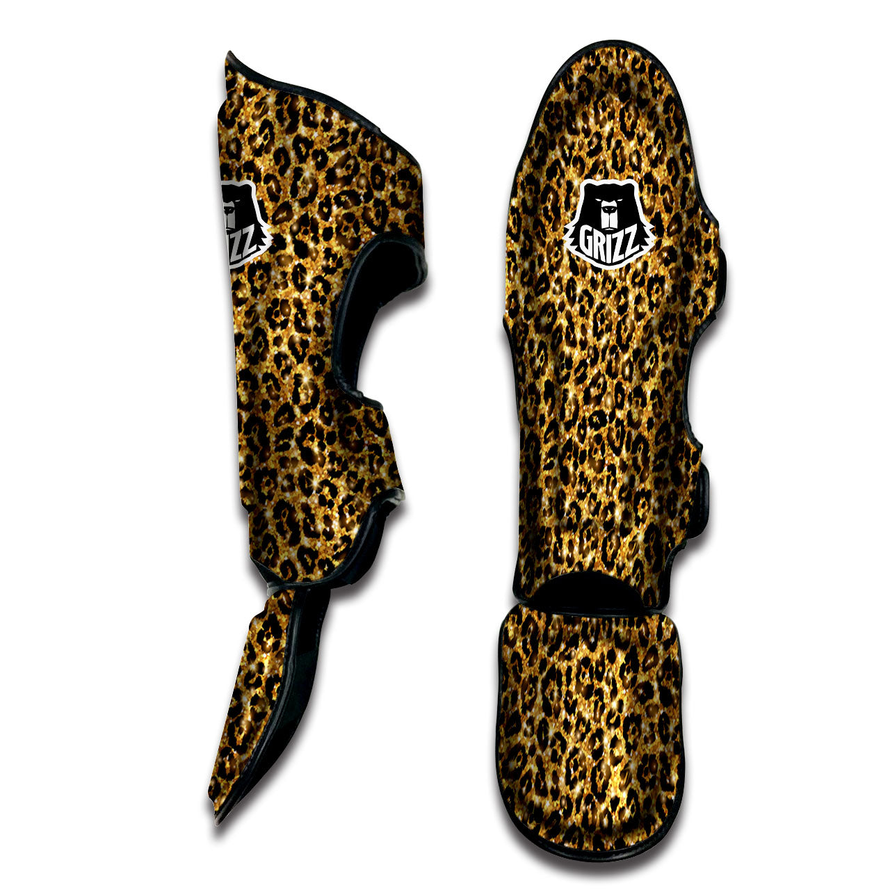 Leopard Glitter Gold Print Muay Thai Shin Guards-grizzshop