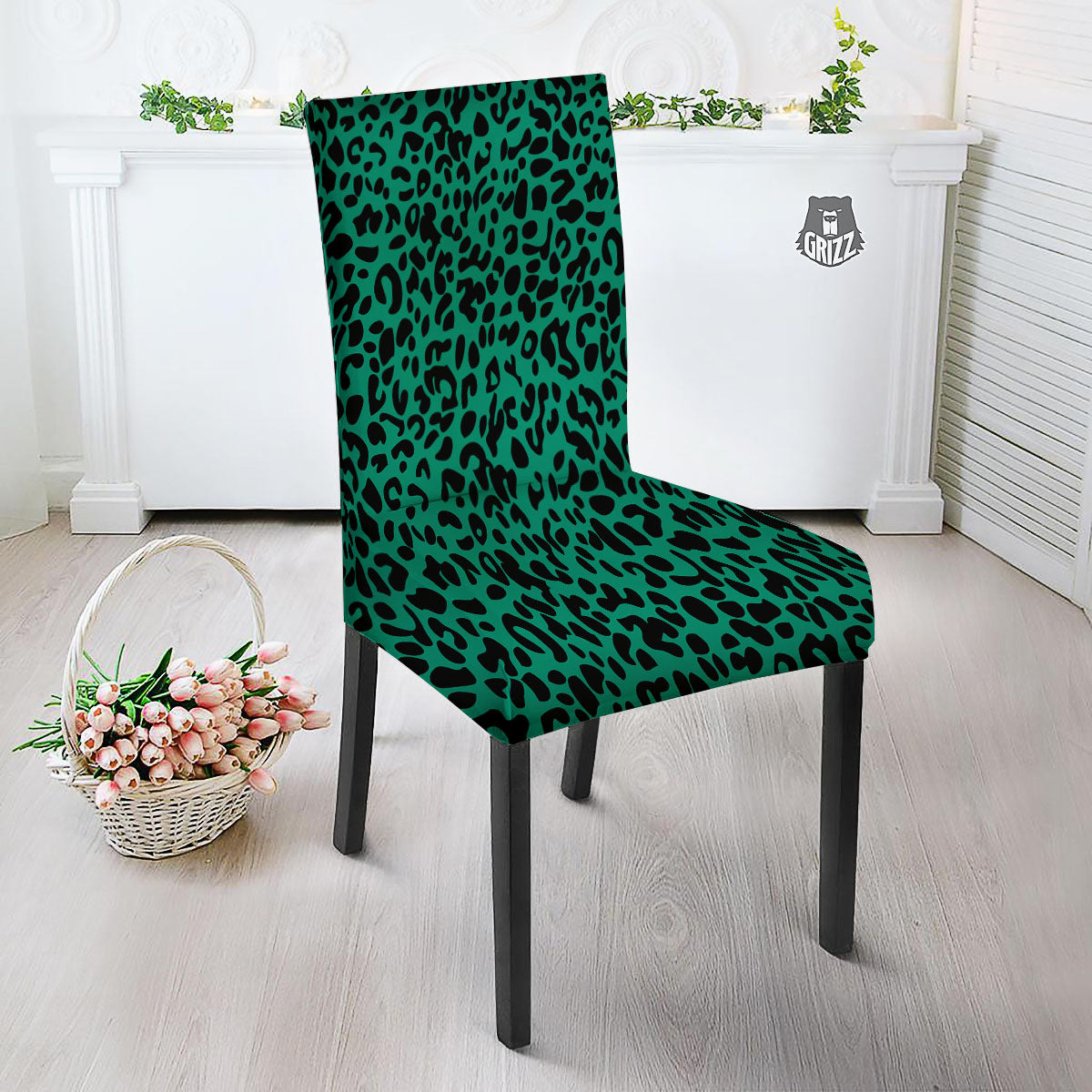 Leopard Green Print Dining Chair Slipcover-grizzshop