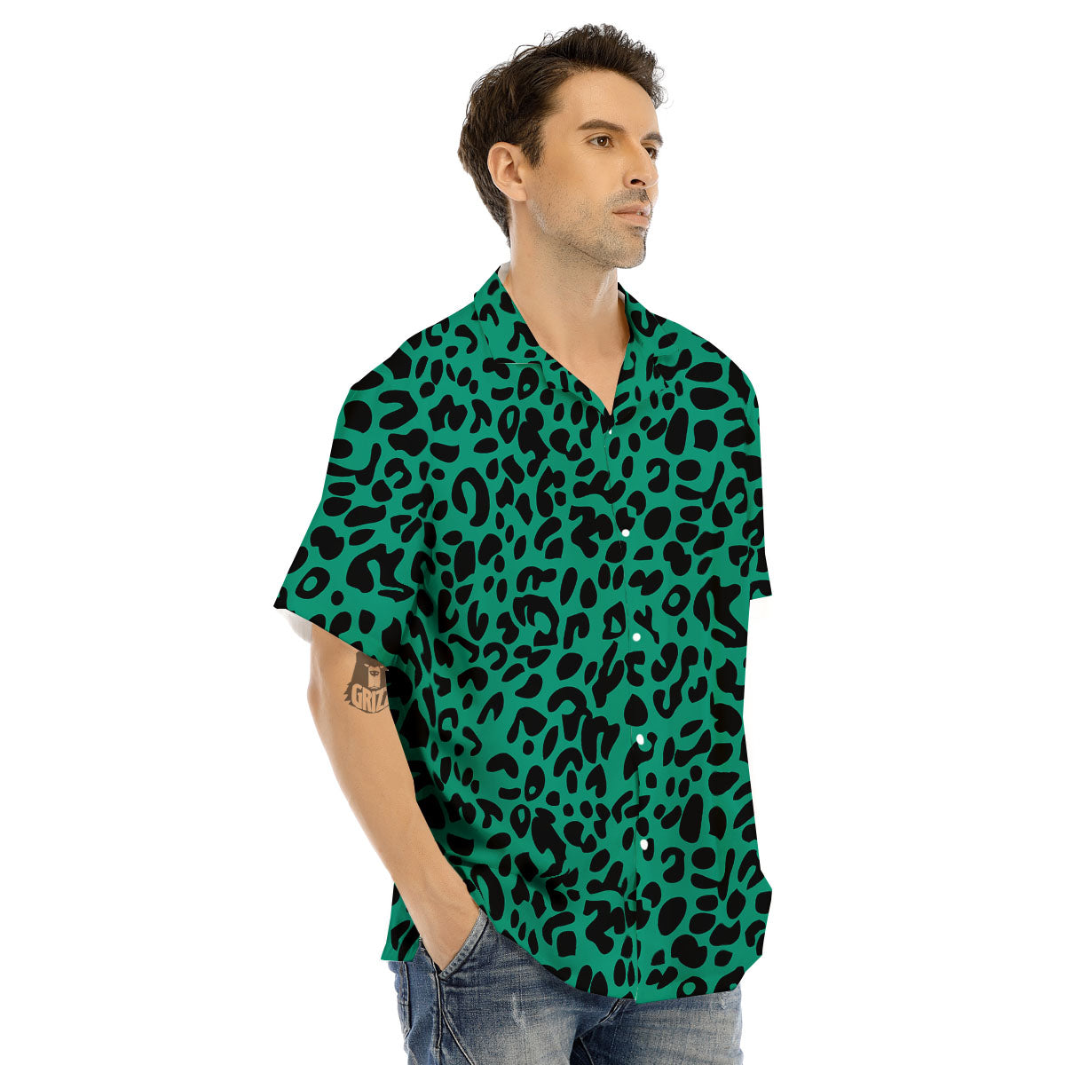 Leopard Green Print Men's Hawaiian Shirt-grizzshop