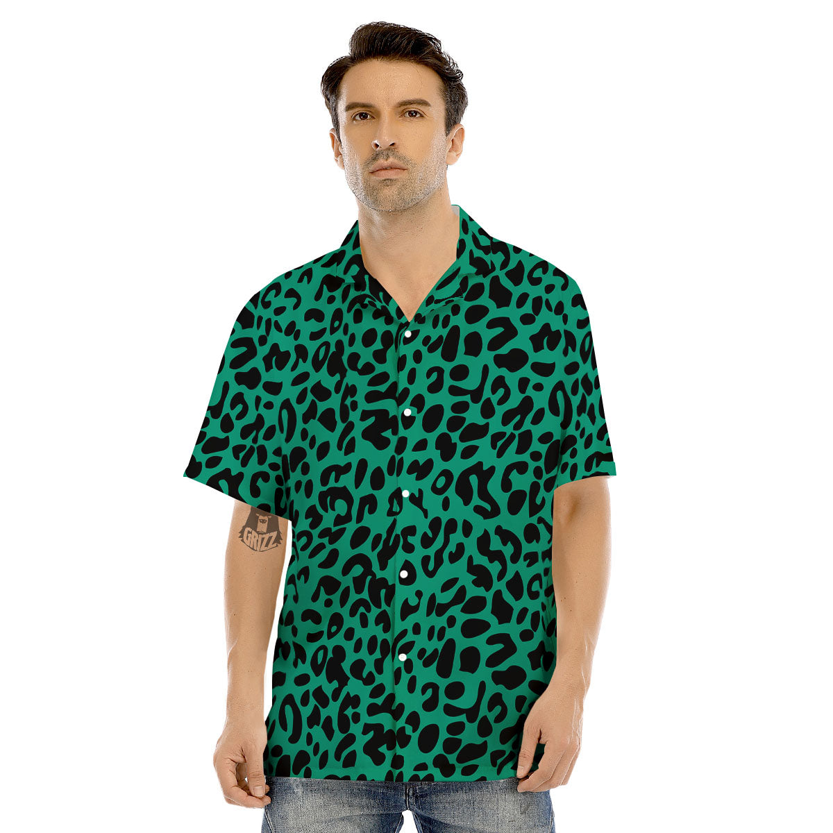 Leopard Green Print Men's Hawaiian Shirt-grizzshop