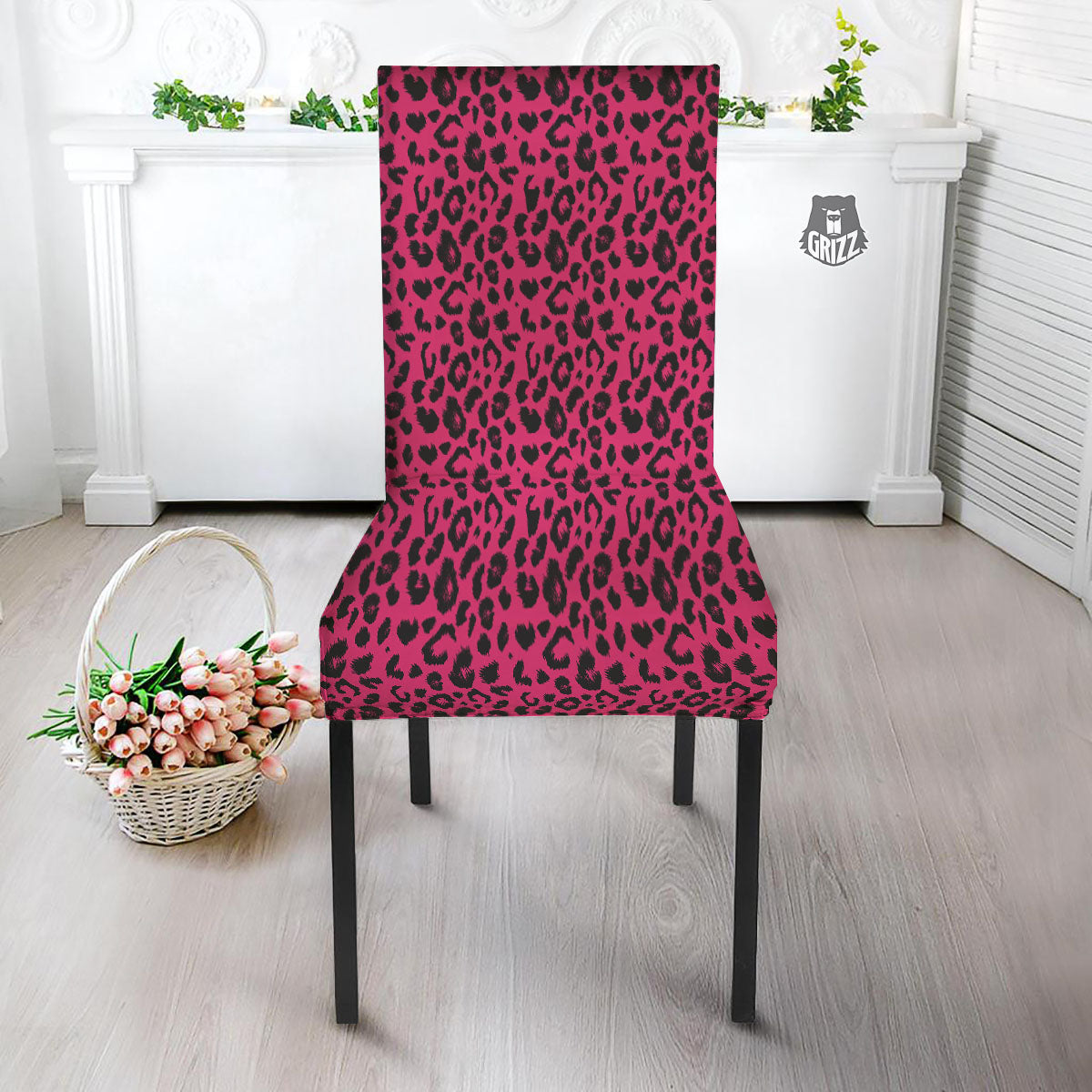 Leopard Hot Pink Print Dining Chair Slipcover-grizzshop