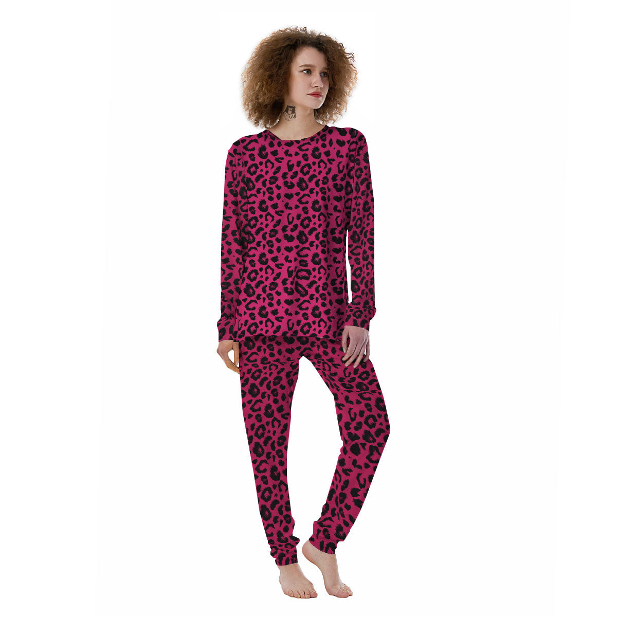 Leopard Hot Pink Print Women's Pajamas-grizzshop