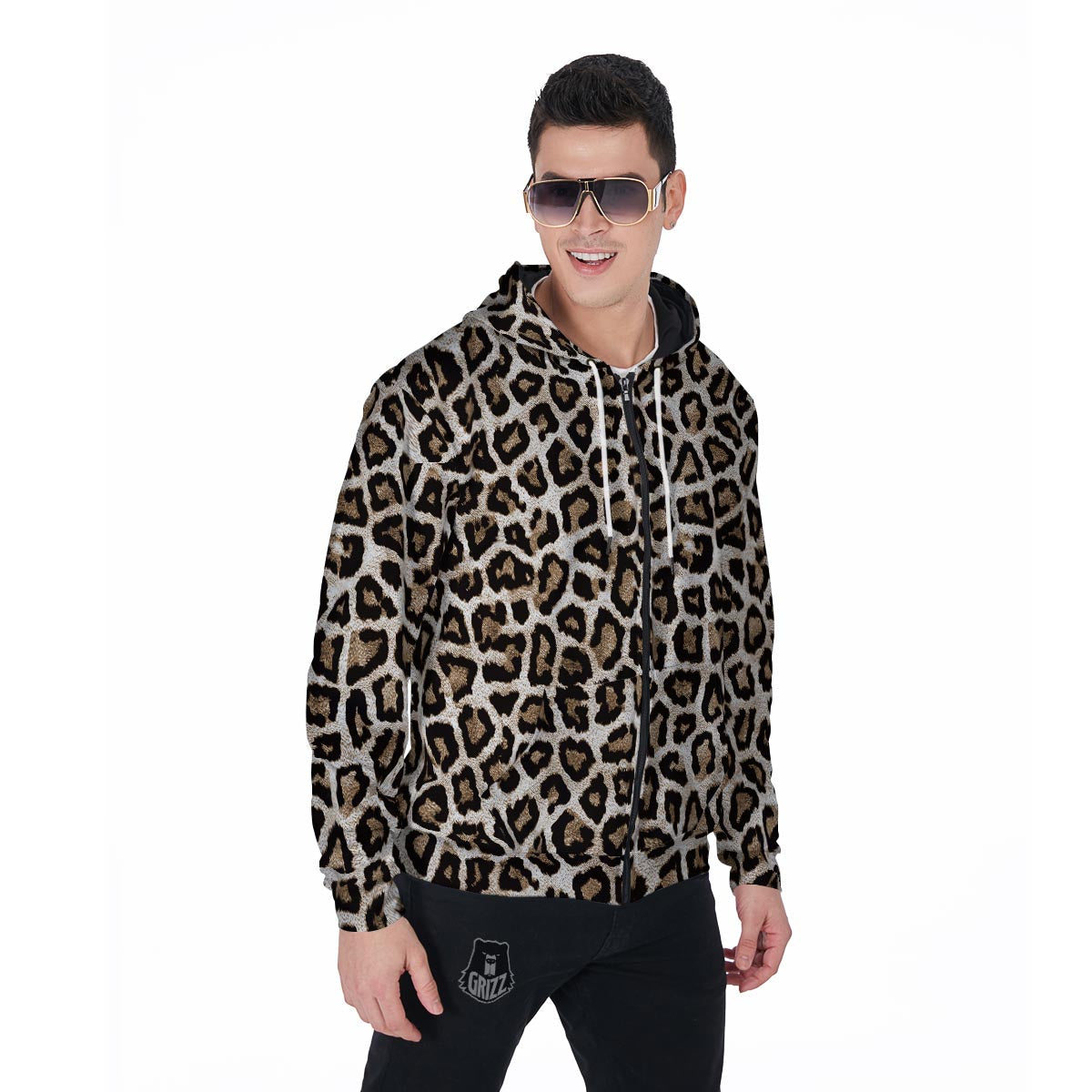 Leopard Men's Zip Up Hoodie-grizzshop
