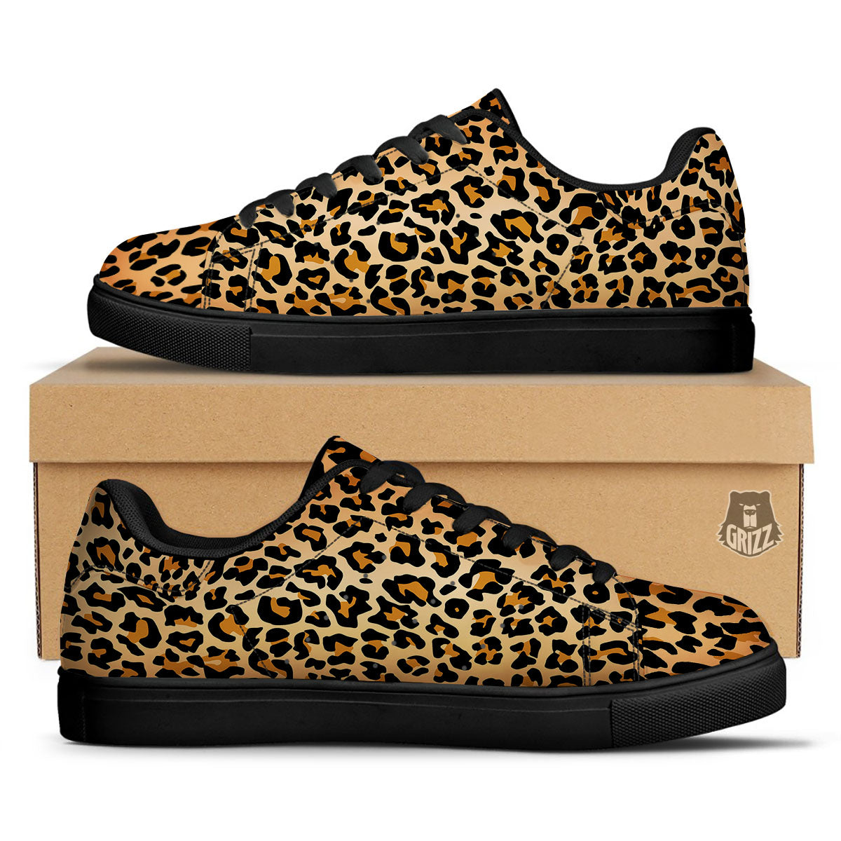 Leopard Orange Print Black Low Top Sneakers-grizzshop