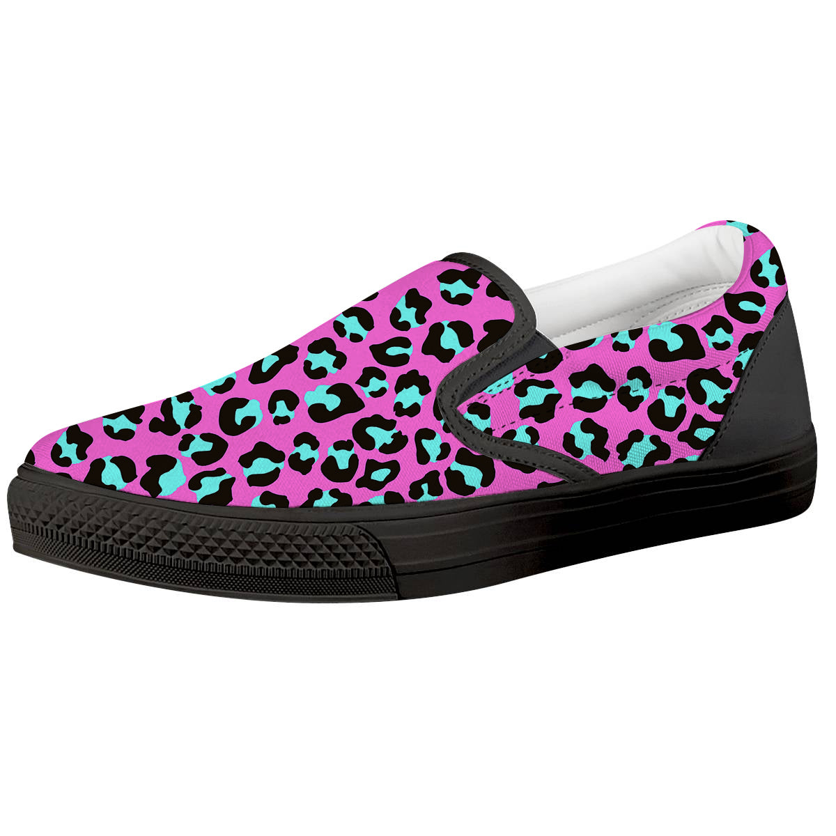 Leopard Pink And Turquoise Print Pattern Black Slip On Shoes-grizzshop