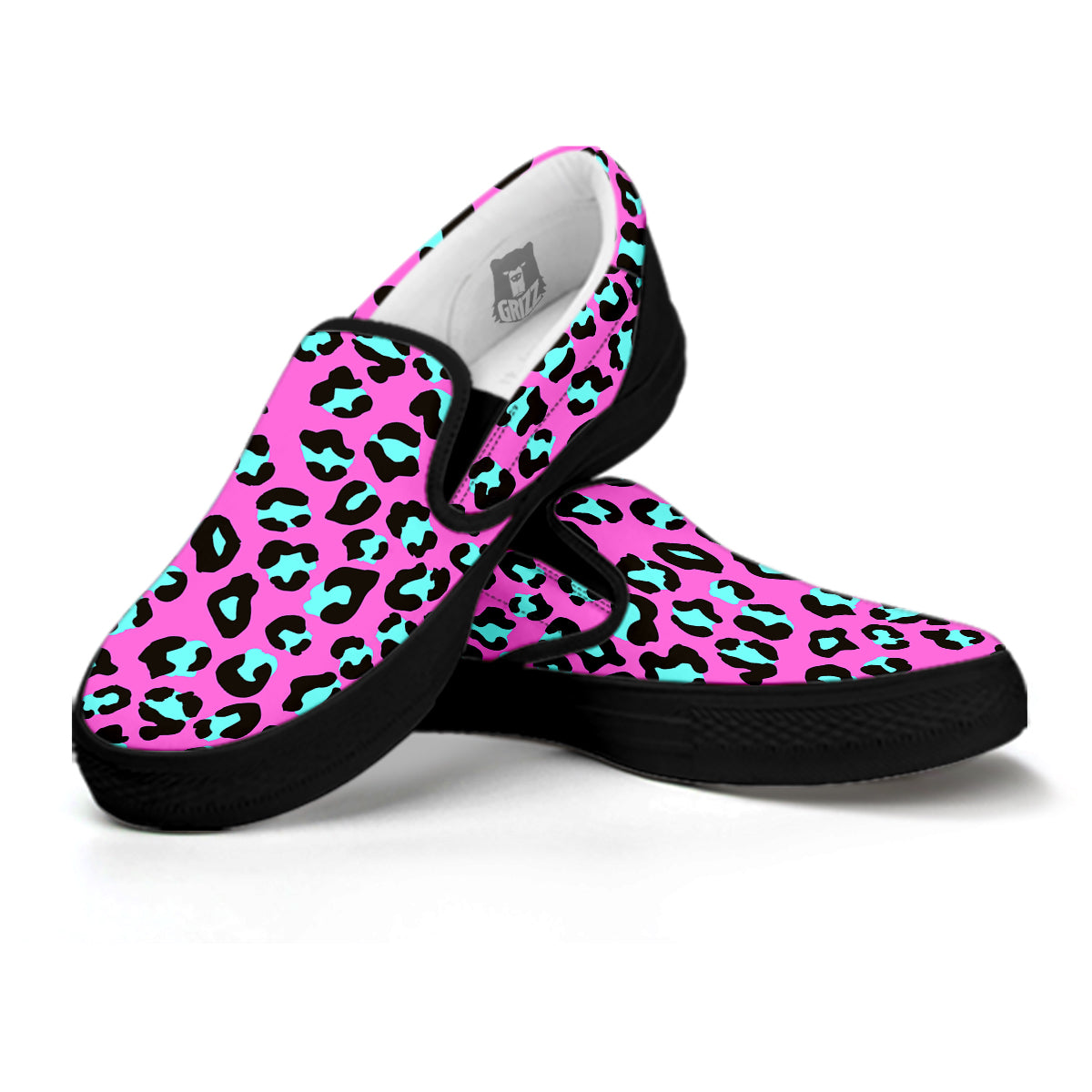 Leopard Pink And Turquoise Print Pattern Black Slip On Shoes-grizzshop