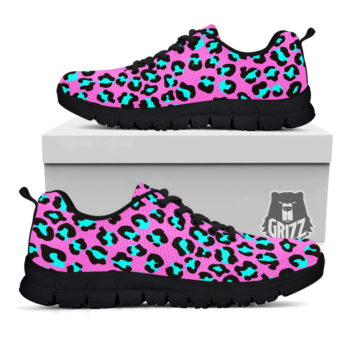 Leopard Pink And Turquoise Print Pattern Black Sneaker-grizzshop