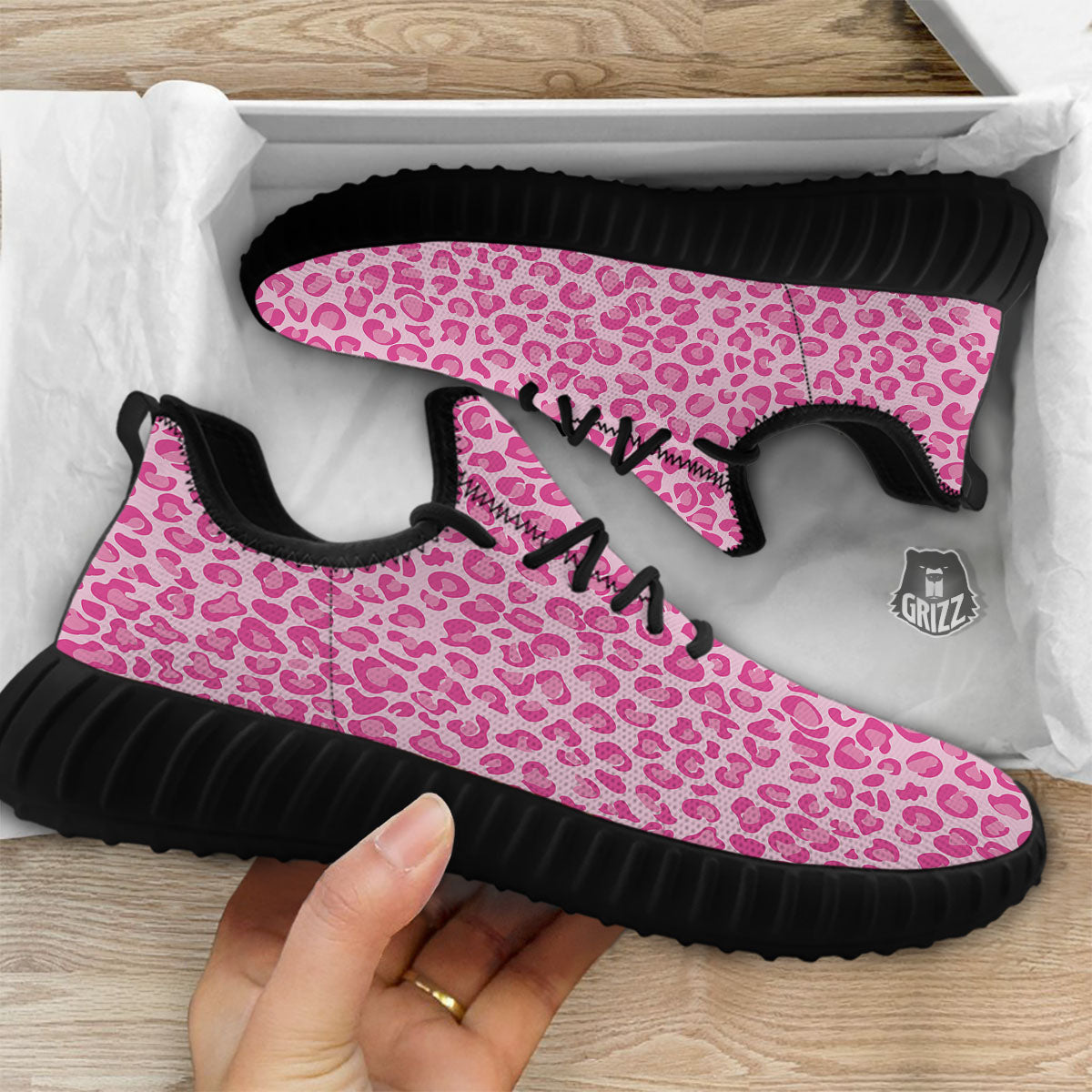 Leopard Pink Print Pattern Black Walking Shoes-grizzshop
