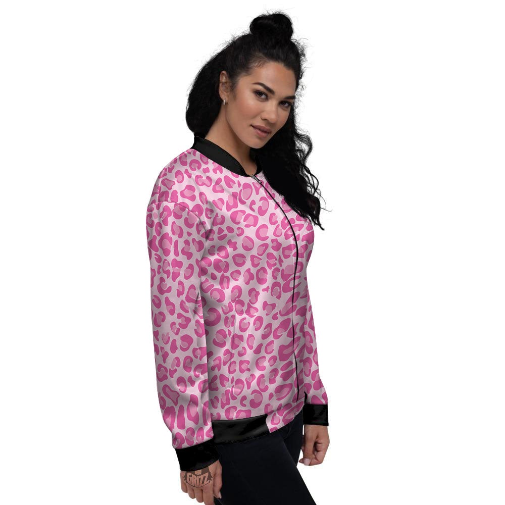 Leopard Pink Print Pattern Women's Bomber Jacket-grizzshop
