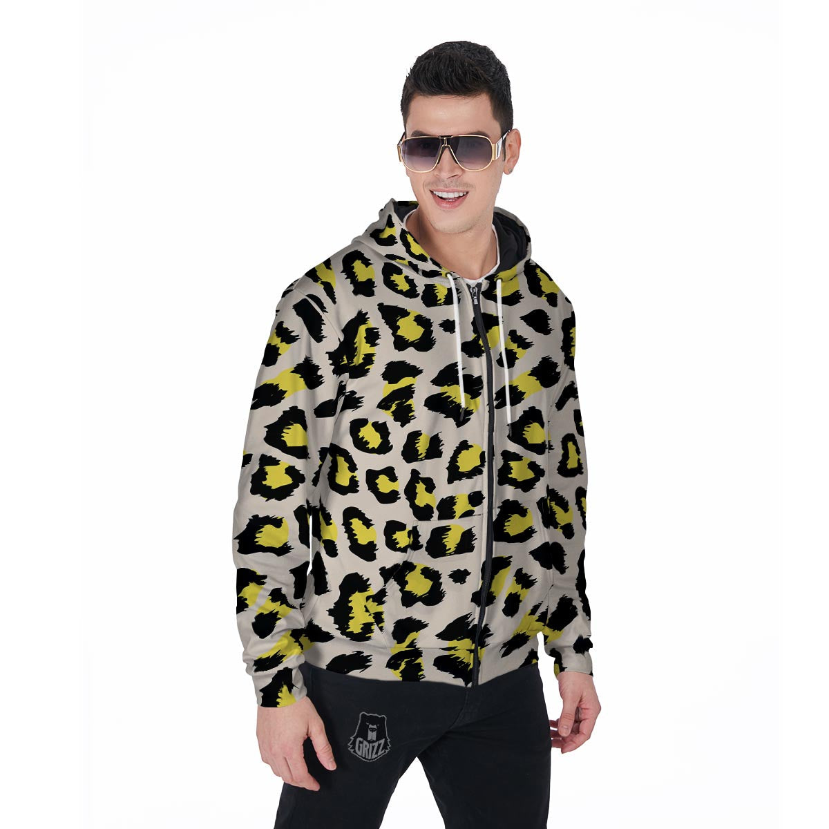 Leopard Print Men's Zip Up Hoodie-grizzshop