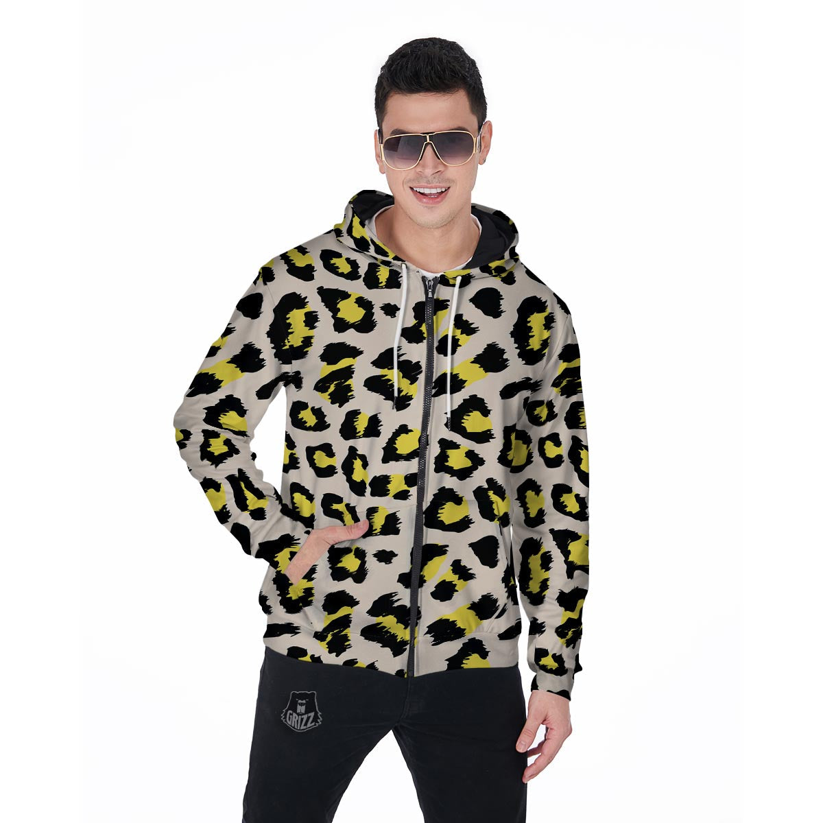 Leopard Print Men's Zip Up Hoodie-grizzshop