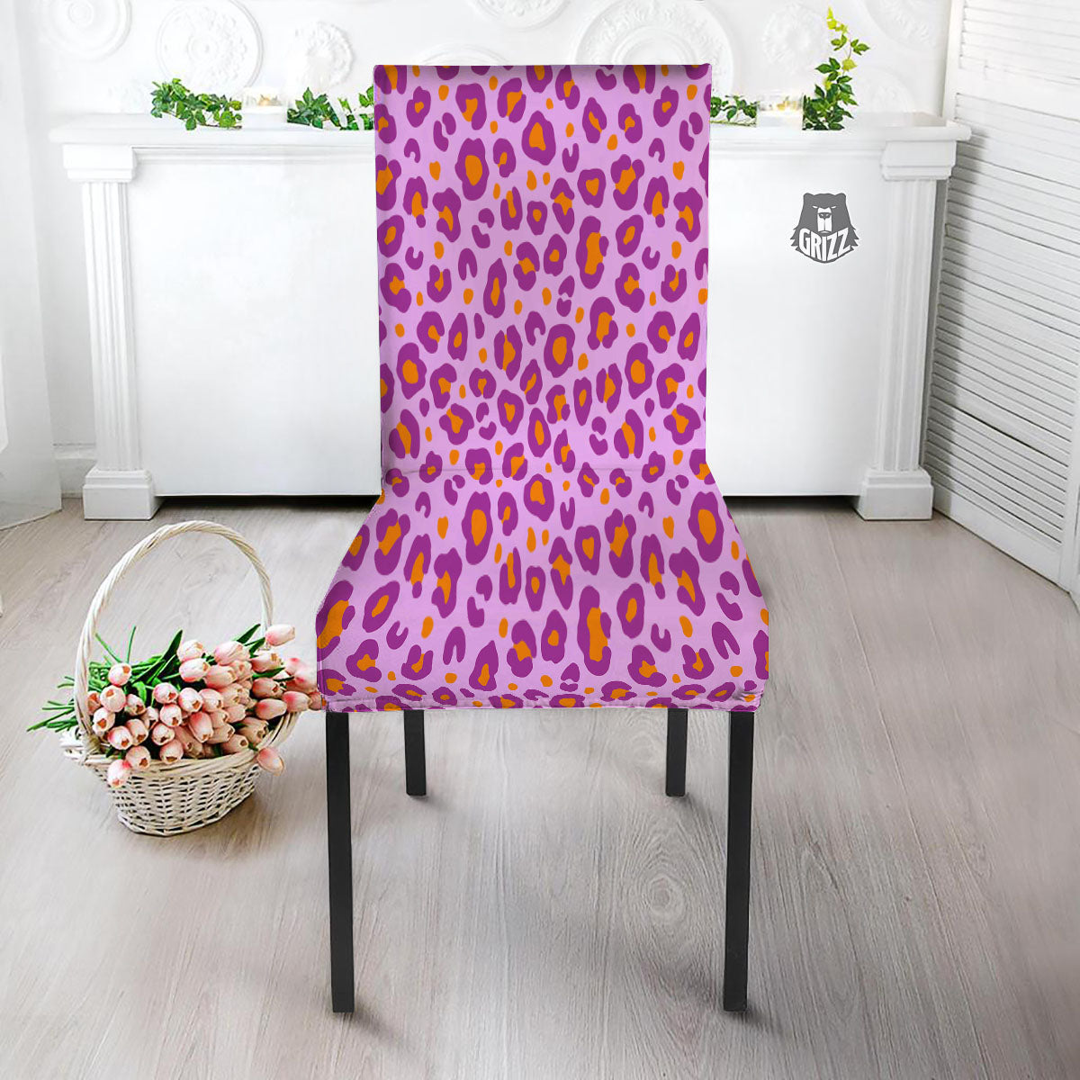 Leopard Purple And Orange Print Dining Chair Slipcover-grizzshop