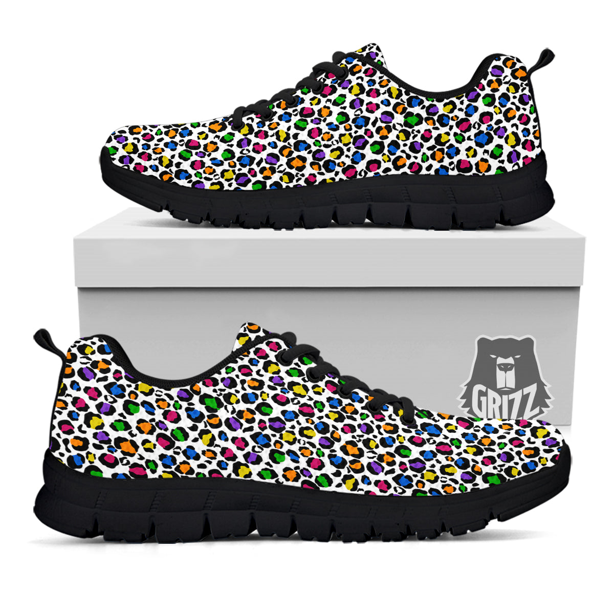 Leopard Rainbow And White Print Pattern Black Sneaker-grizzshop