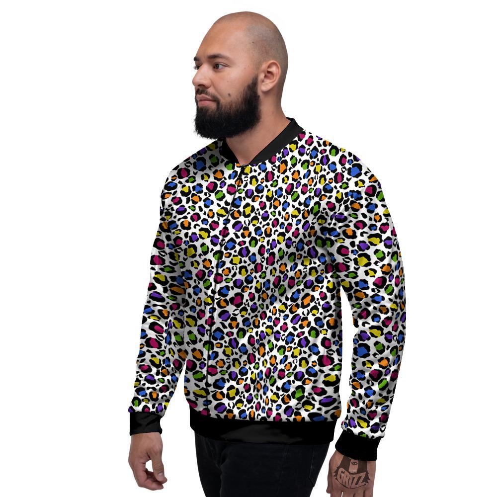 Leopard Rainbow And White Print Pattern Men's Bomber Jacket-grizzshop