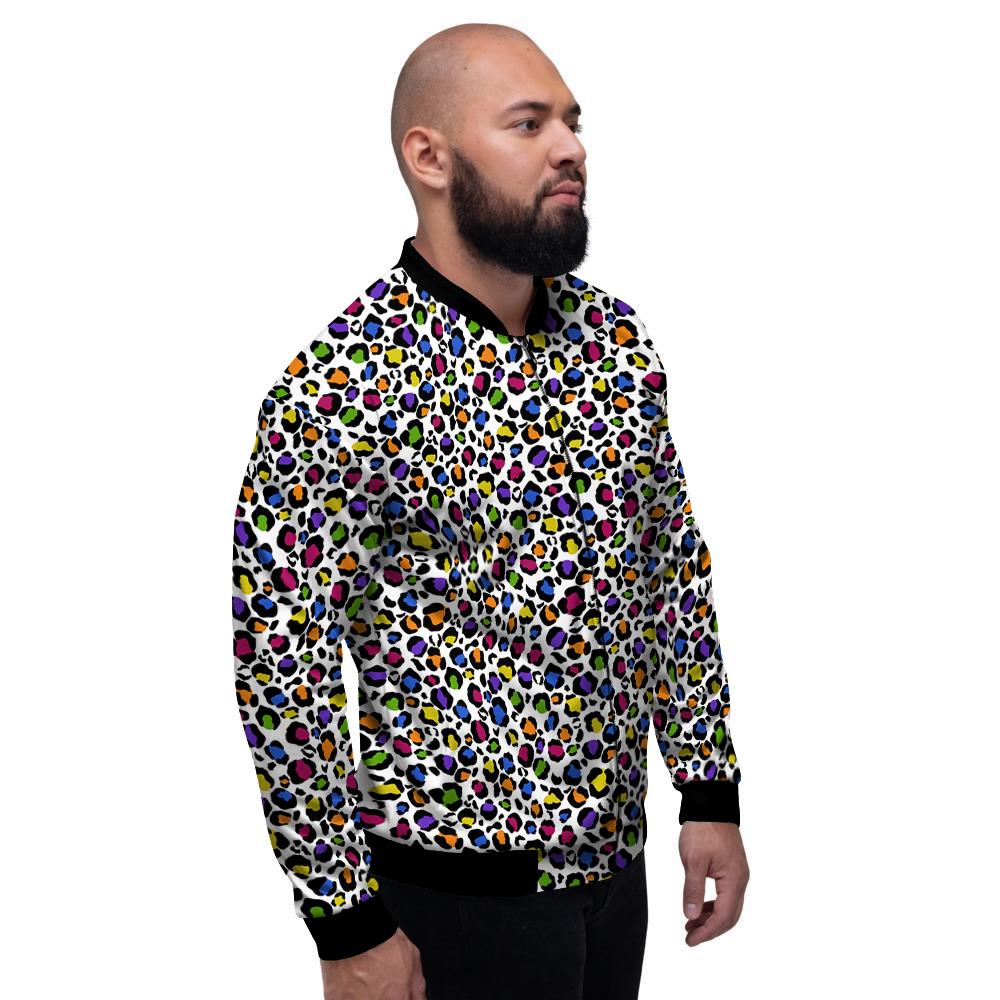 Leopard Rainbow And White Print Pattern Men's Bomber Jacket-grizzshop