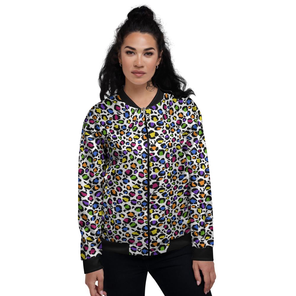 Leopard Rainbow And White Print Pattern Women's Bomber Jacket-grizzshop