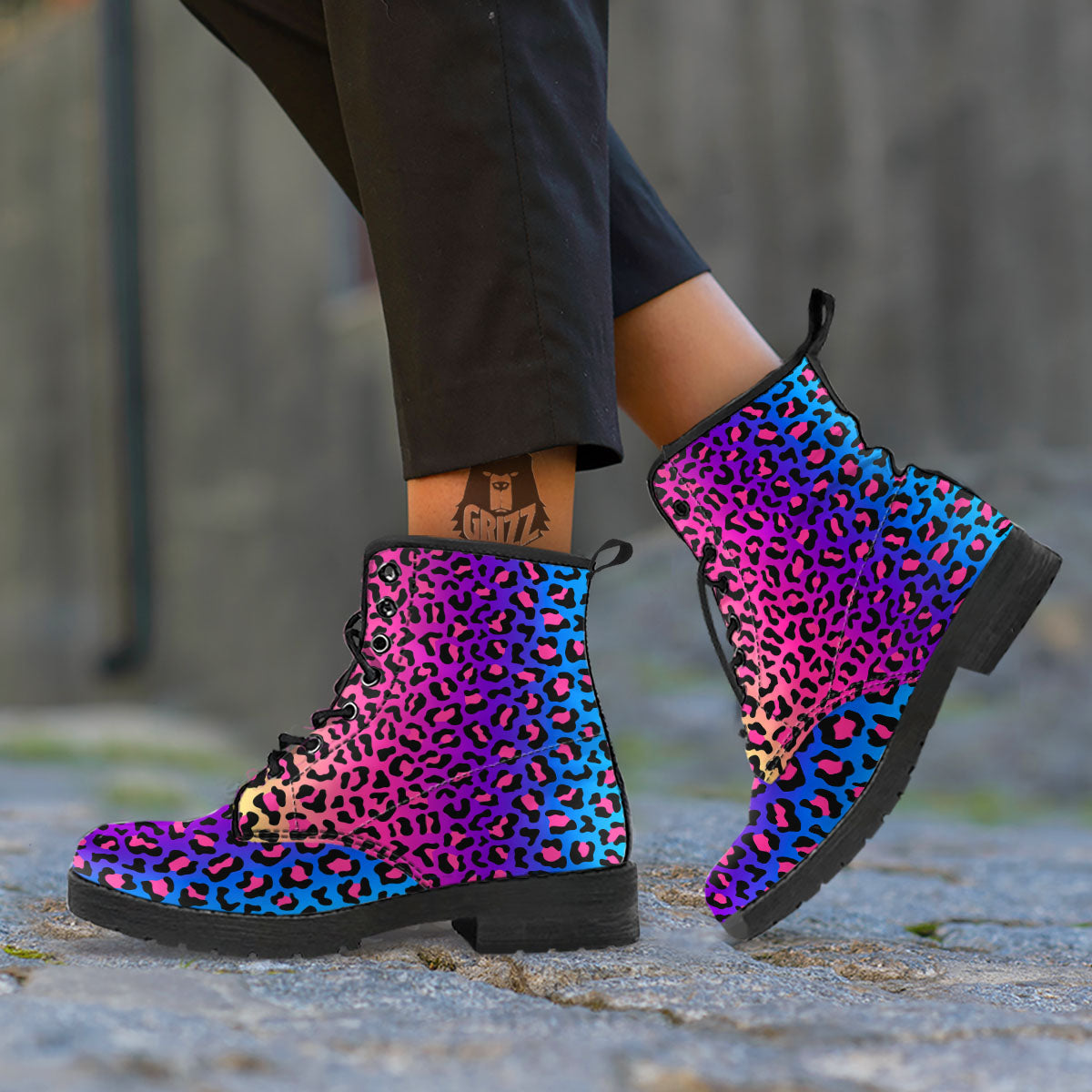 Leopard Rainbow Print Leather Boots-grizzshop