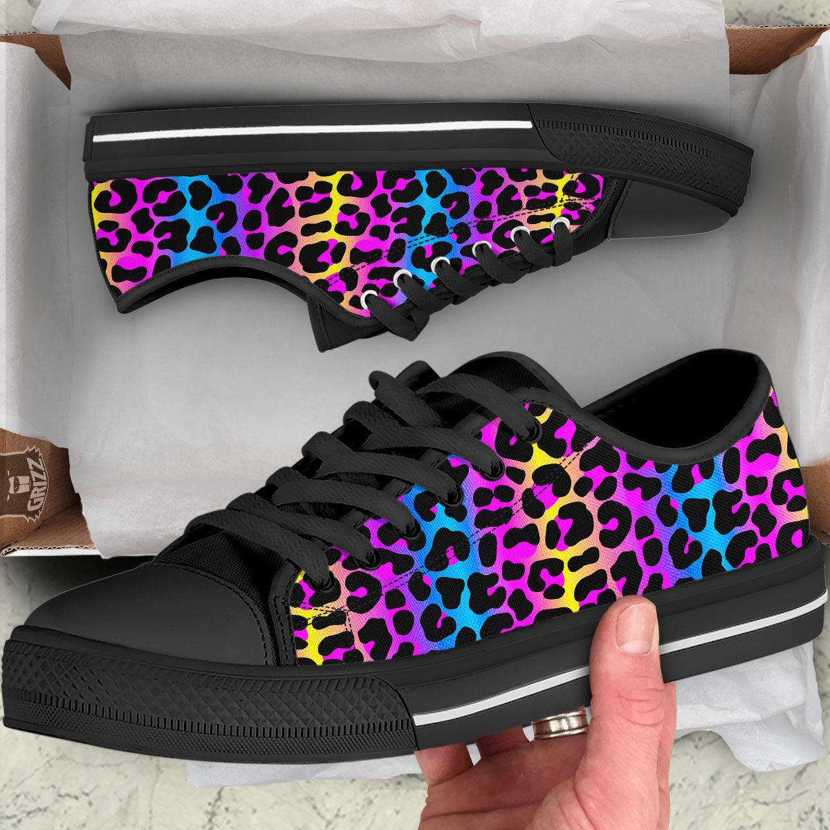 Leopard Rainbow Print Pattern Black Low Top Shoes-grizzshop