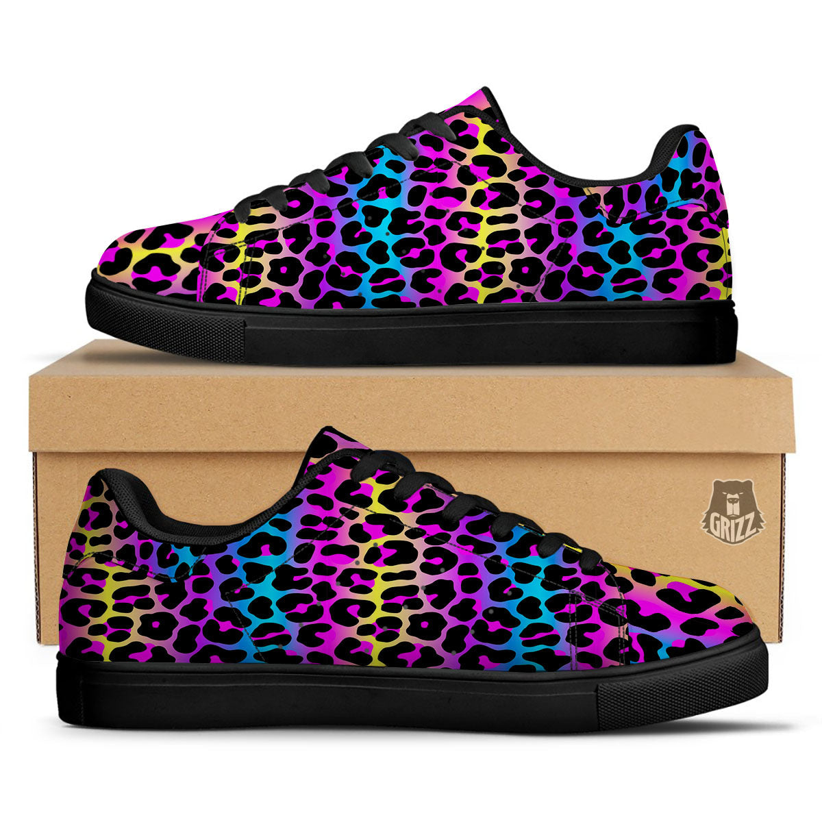 Leopard Rainbow Print Pattern Black Low Top Sneakers-grizzshop