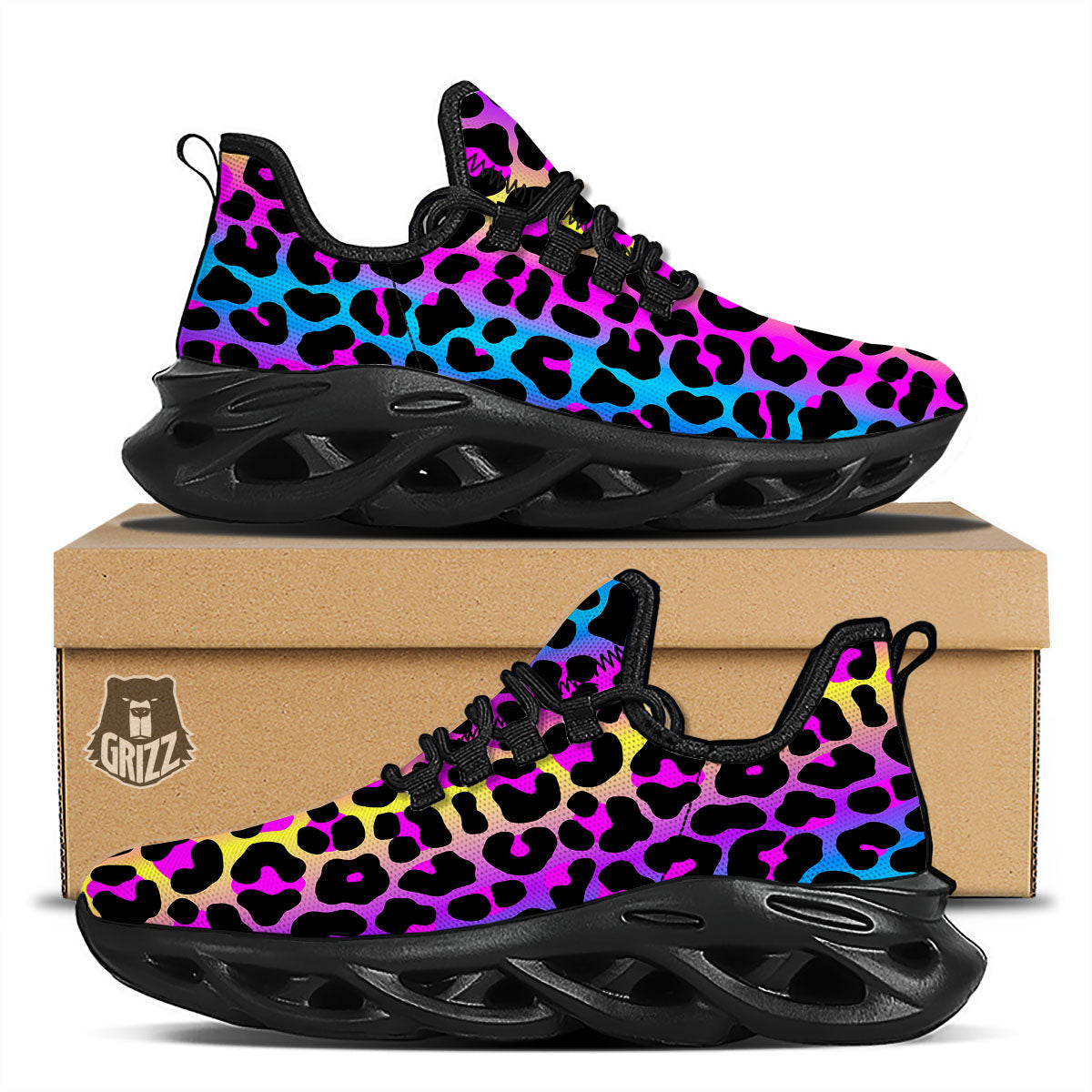 Leopard Rainbow Print Pattern Black Running Shoes-grizzshop