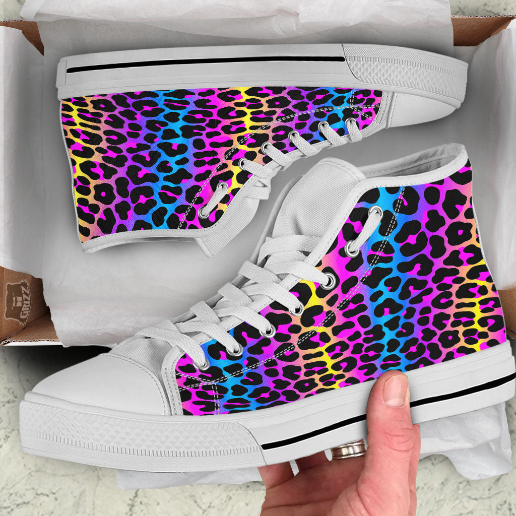 Leopard Rainbow Print Pattern White High Top Shoes-grizzshop
