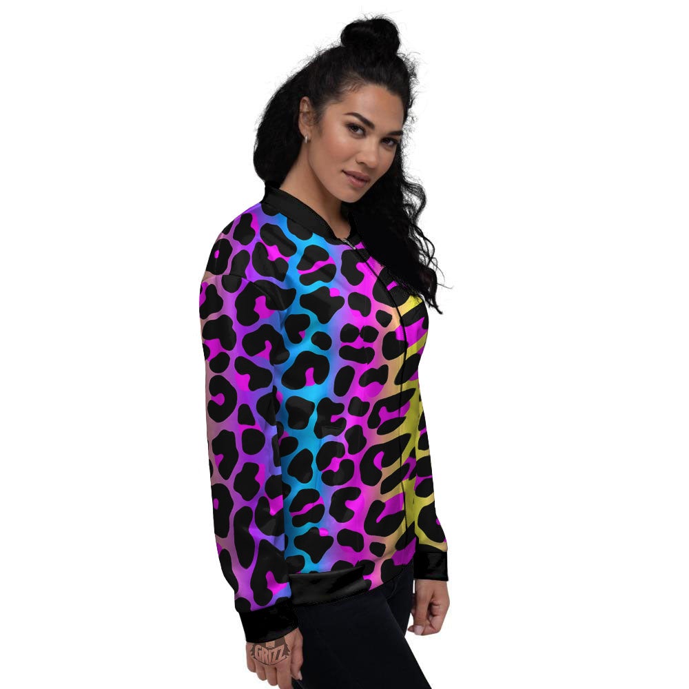 Leopard Rainbow Print Pattern Women's Bomber Jacket-grizzshop