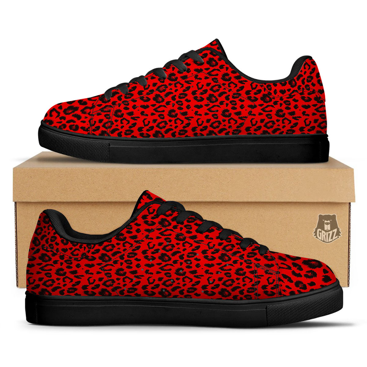 Leopard Red Print Pattern Black Low Top Sneakers-grizzshop