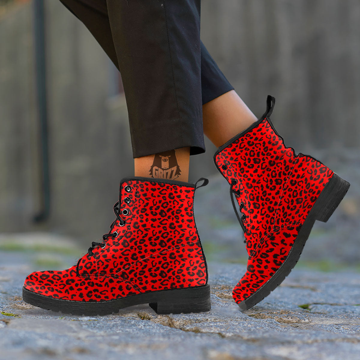 Leopard Red Print Pattern Leather Boots-grizzshop