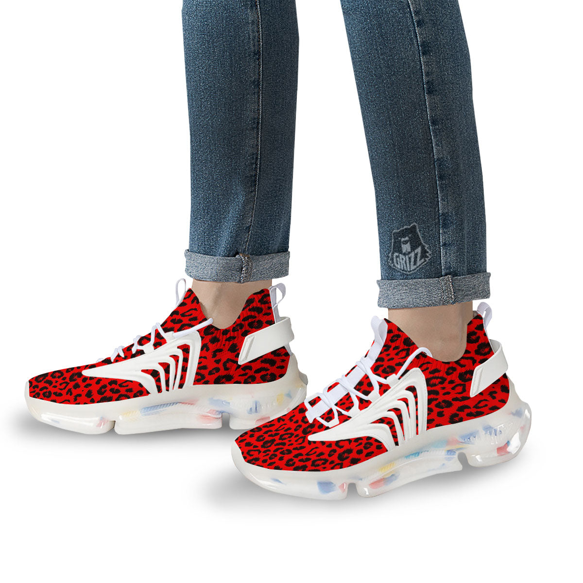 Leopard Red Print Pattern White Gym Shoes-grizzshop