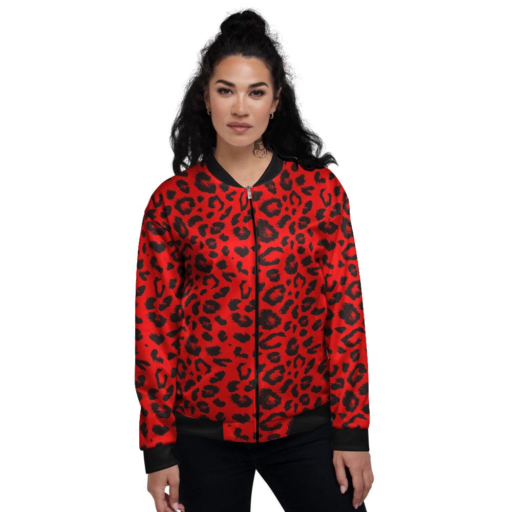 Leopard Red Print Pattern Women's Bomber Jacket-grizzshop