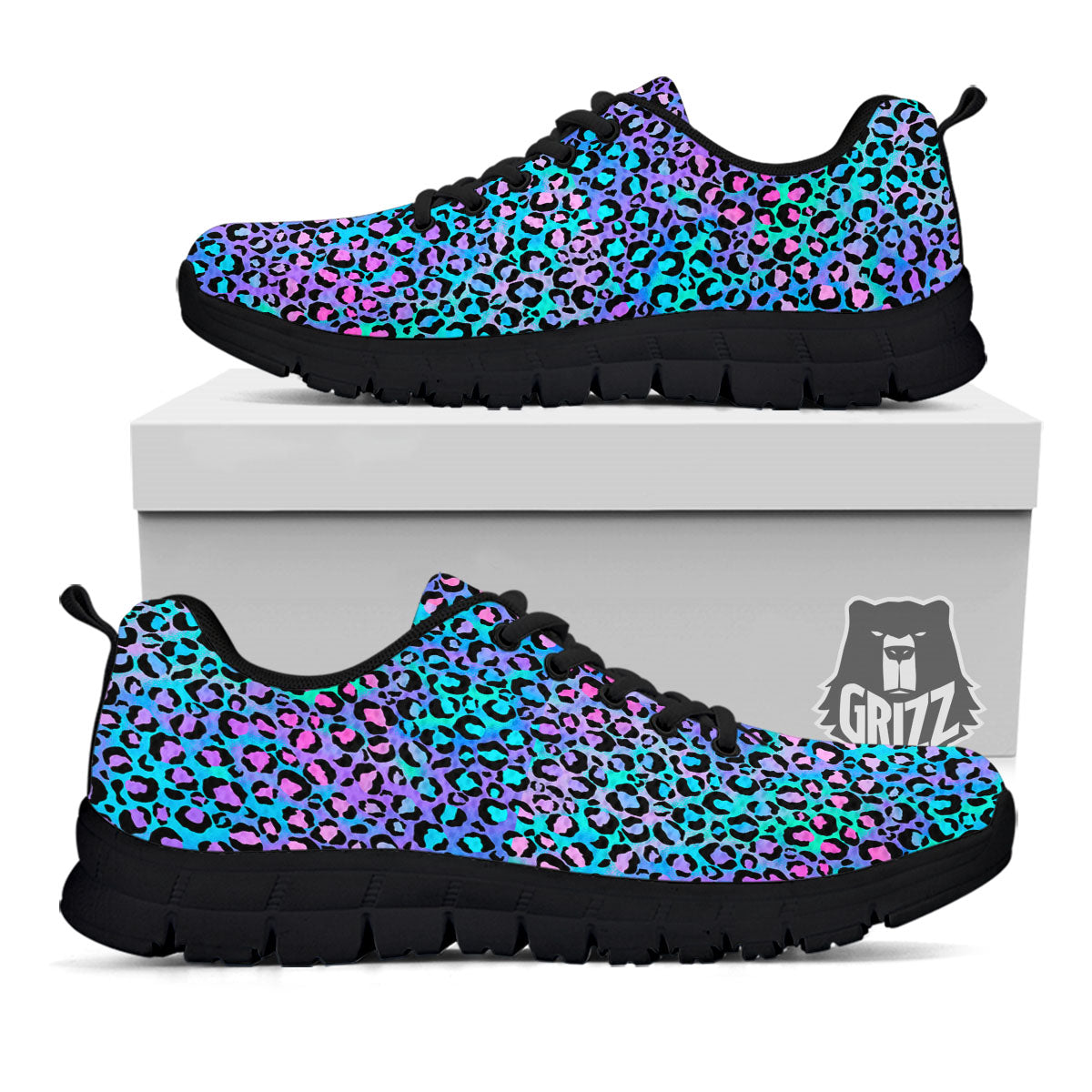 Leopard Teal And Purple Print Pattern Black Sneaker-grizzshop