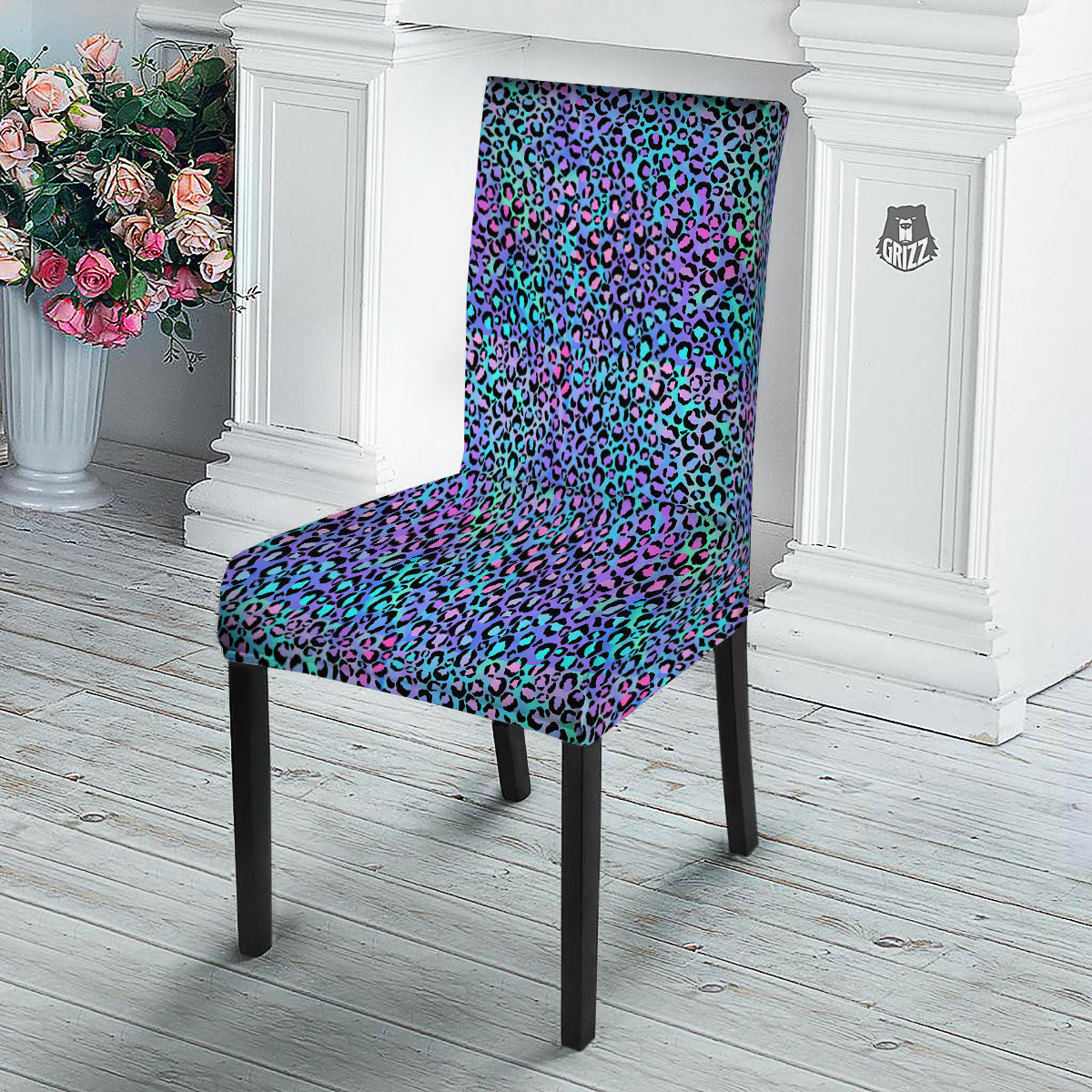 Leopard Teal And Purple Print Pattern Dining Chair Slipcover-grizzshop