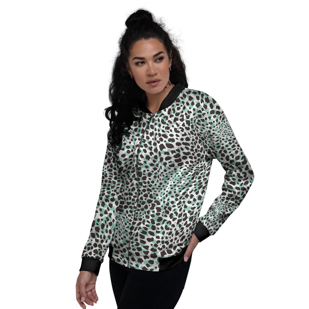 Leopard Teal And White Print Pattern Women's Bomber Jacket-grizzshop