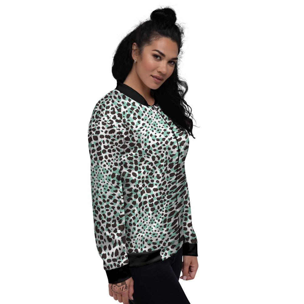 Leopard Teal And White Print Pattern Women's Bomber Jacket-grizzshop