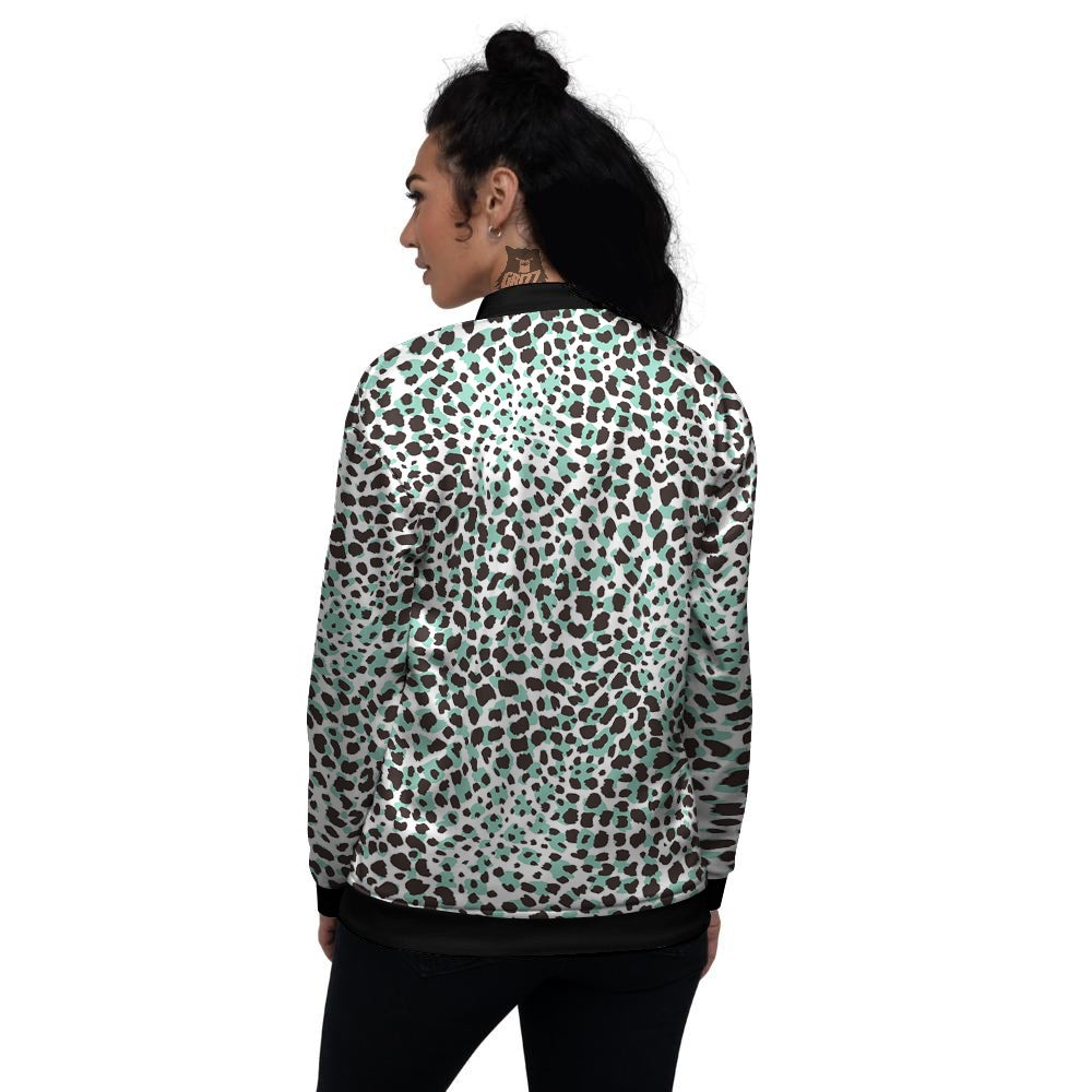 Leopard Teal And White Print Pattern Women's Bomber Jacket-grizzshop