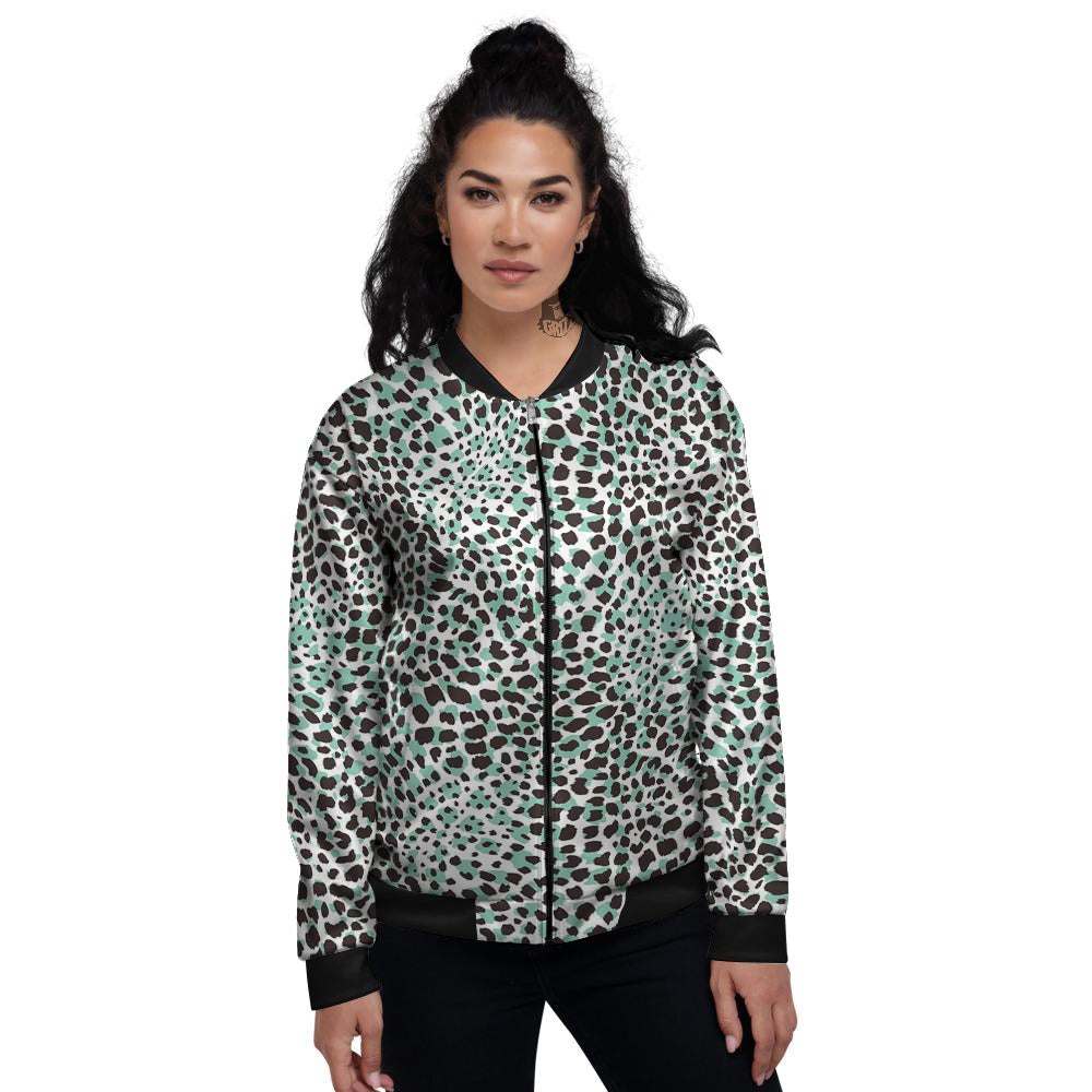 Leopard Teal And White Print Pattern Women's Bomber Jacket-grizzshop