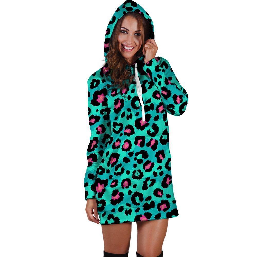 Leopard Teal Print Hoodie Dress-grizzshop