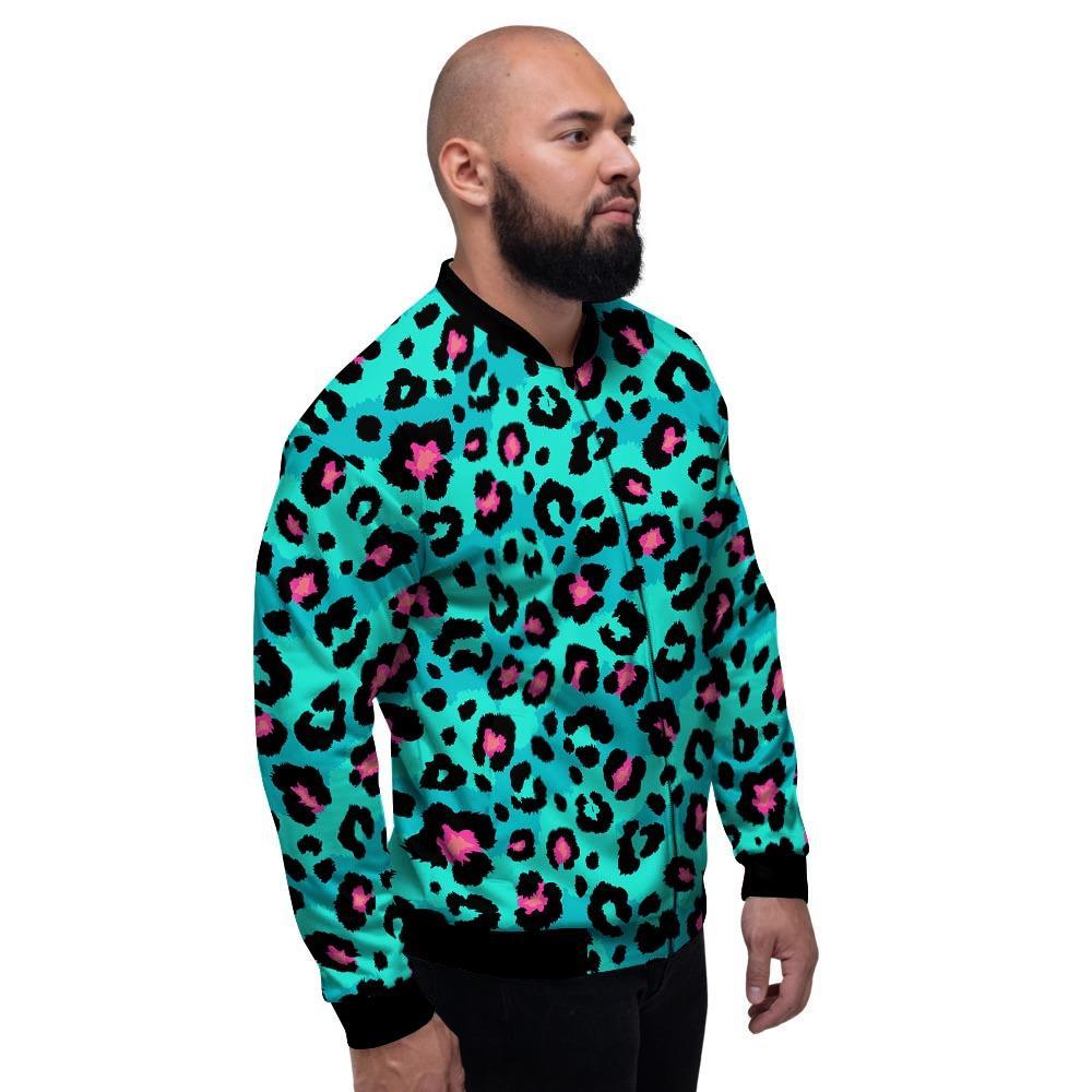 Leopard Teal Print Men's Bomber Jacket-grizzshop